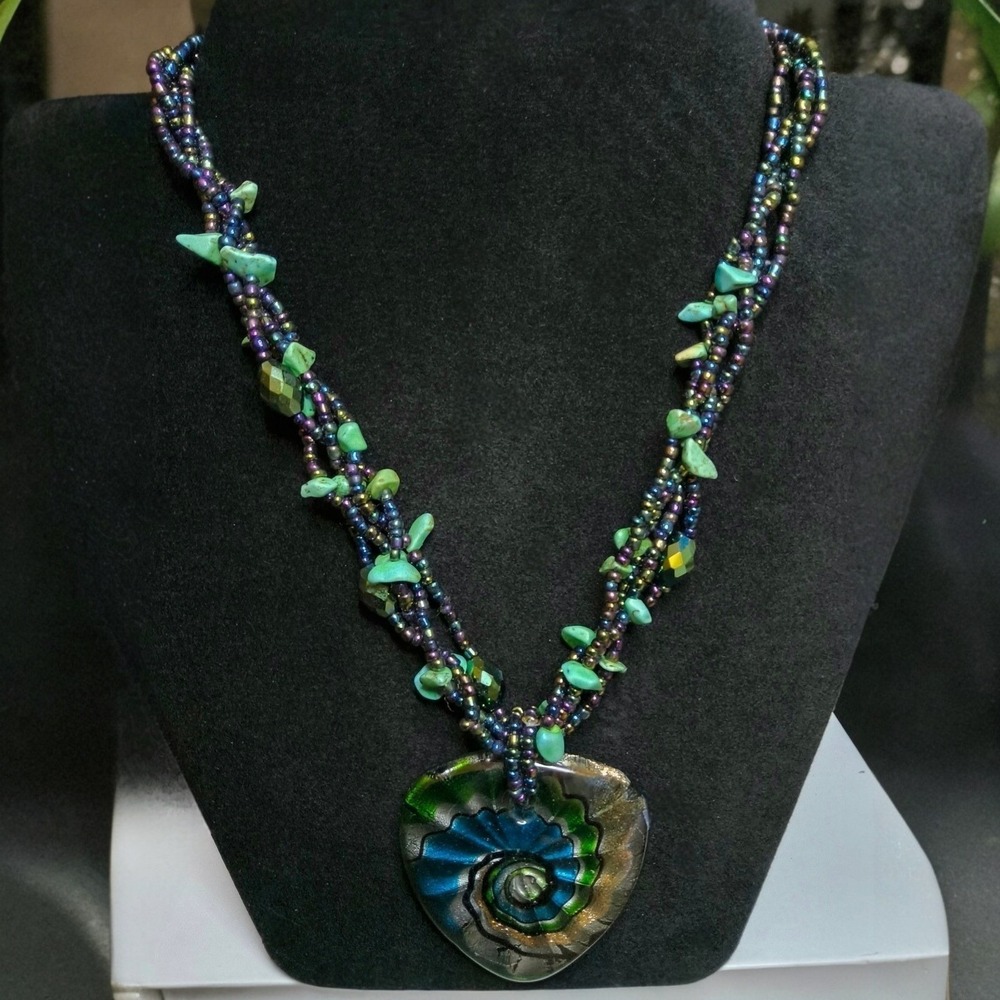 Wearable Art Necklace Art Glass & Gemstone Multi Strand Iris Glass‎ Beads Boho